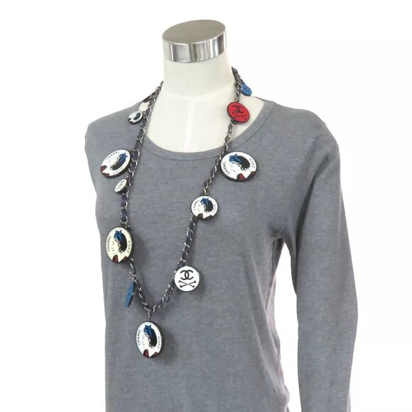 Auth CHANEL Mademoiselle Necklace Navy/White/Multicolor Metal/Leather - Picture 1 of 16